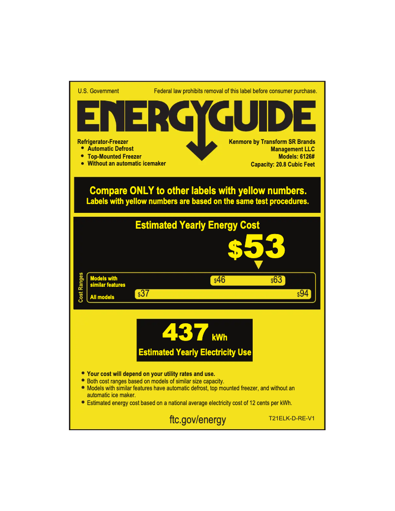 Page 1 de la notice Label énergétique Kenmore 61269