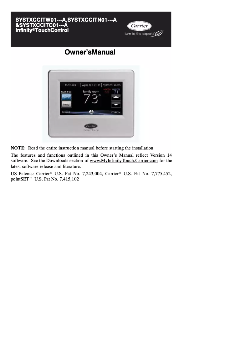 Page n°1 - Manuel utilisateur Carrier Infinity Touch SYSTXCCITW01-A