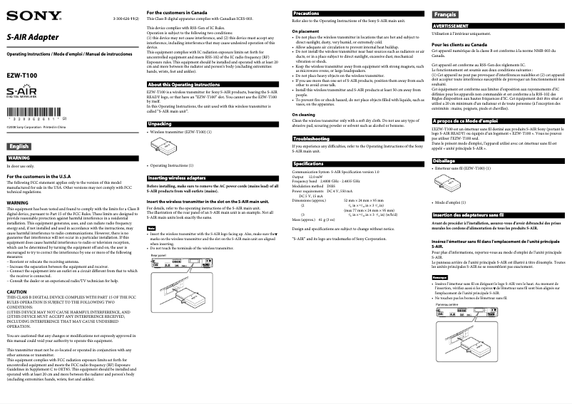 Page 1 de la notice Manuel utilisateur Sony EZW-T100