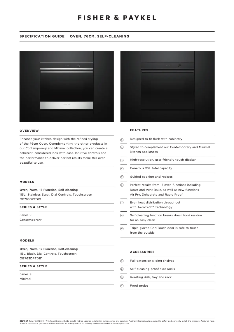 Page 1 de la notice Fiche technique Fisher & Paykel OB76SDPTDX1
