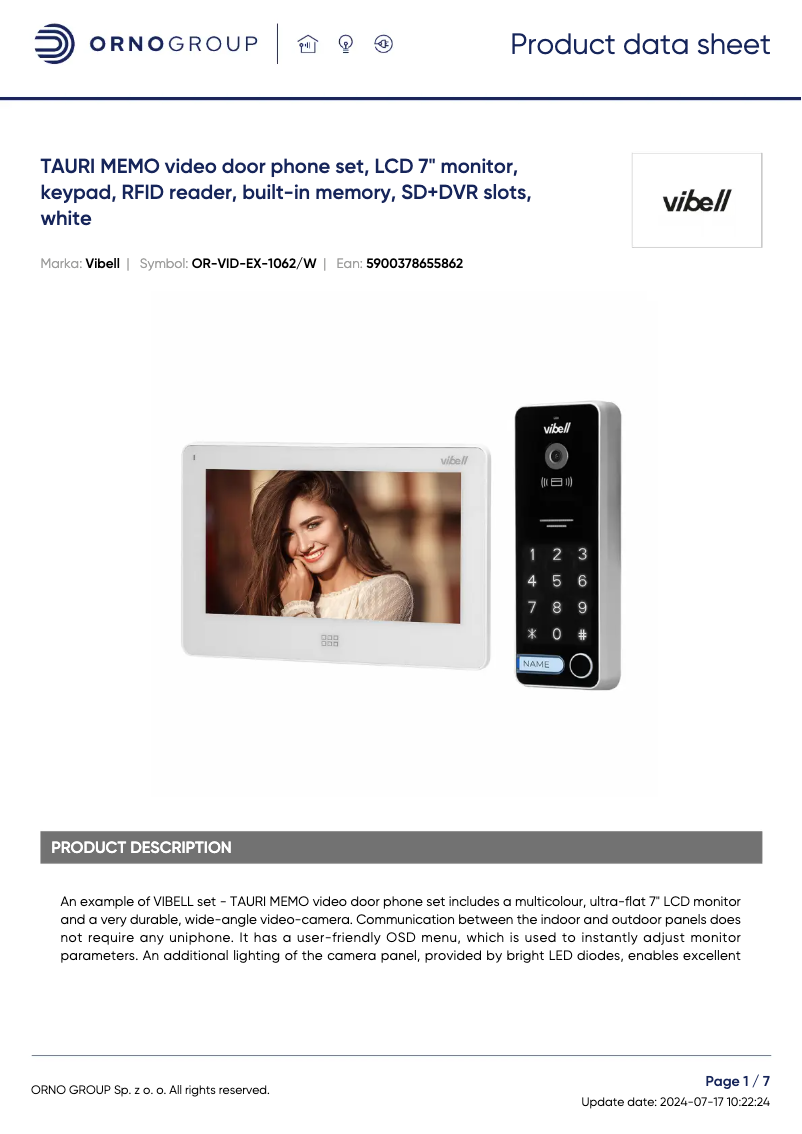 Page 1 de la notice Fiche technique Vibell OR-VID-EX-1062