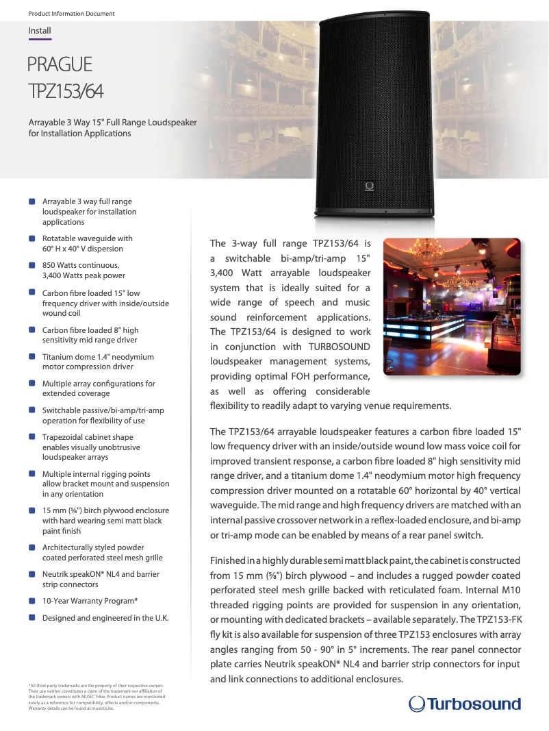 Página 1 del manual Ficha técnica Turbosound Prague TPZ153/64