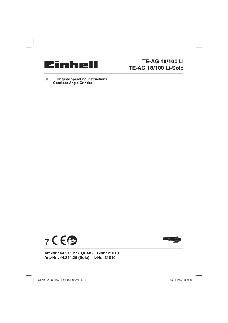 Image de la première page du manuel de l'appareil TE-AG 18/100 Li-Solo