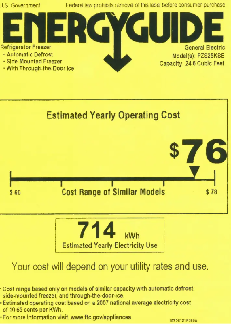Page 1 de la notice Label énergétique GE Profile PZS25KSESS