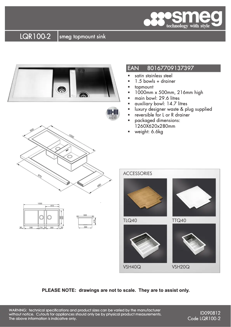 Page 1 de la notice Fiche technique Smeg LQR100-2
