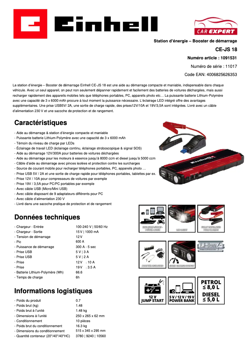Page 1 de la notice Fiche technique Einhell CE-JS 18