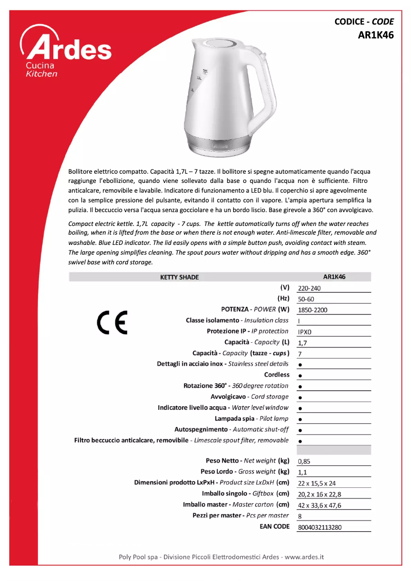 Page n°1 - Fiche technique Ardes AR1K46