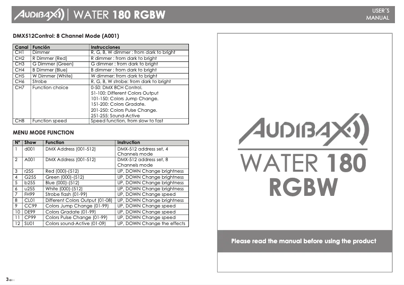 Image de la première page du manuel de l'appareil Water 180