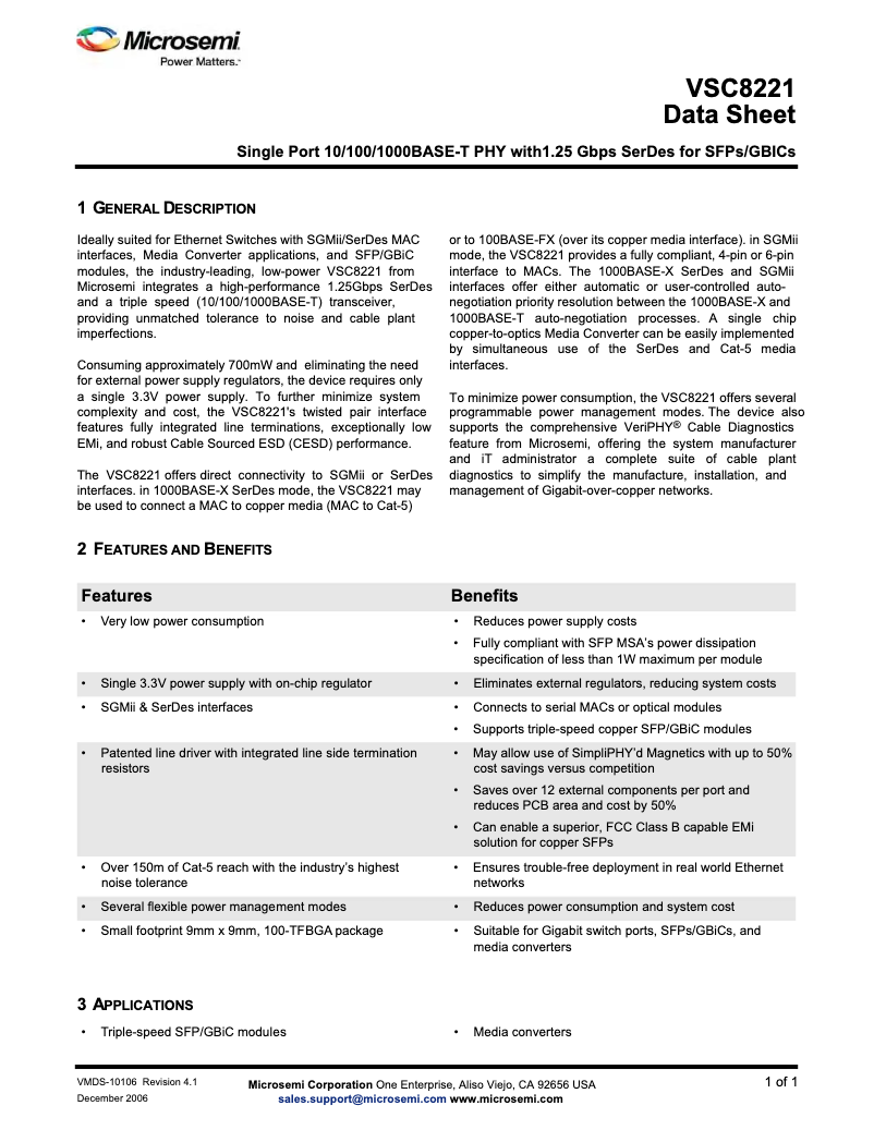 Page 1 de la notice Fiche technique Microchip VSC8221