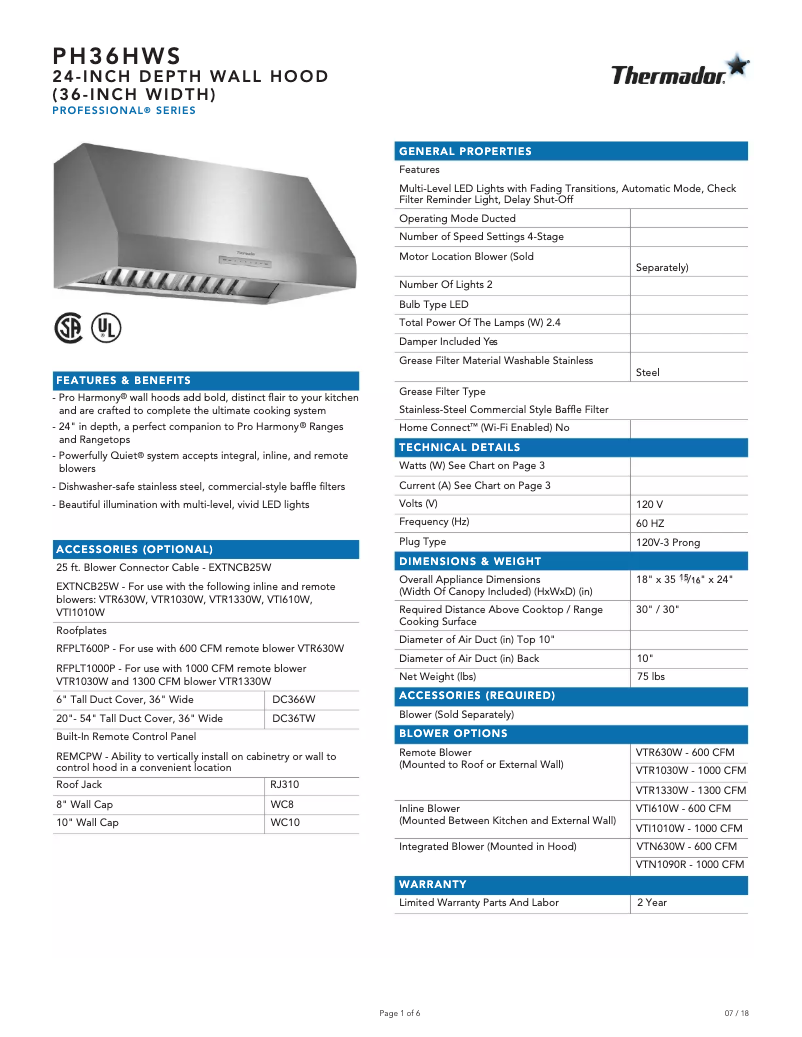 Page 1 de la notice Fiche technique Thermador PH36HWS