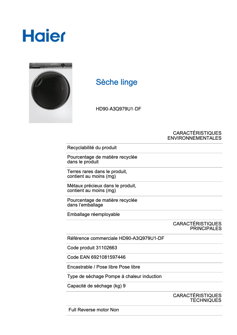 Image de la première page du manuel de l'appareil HD90-A3Q979U1