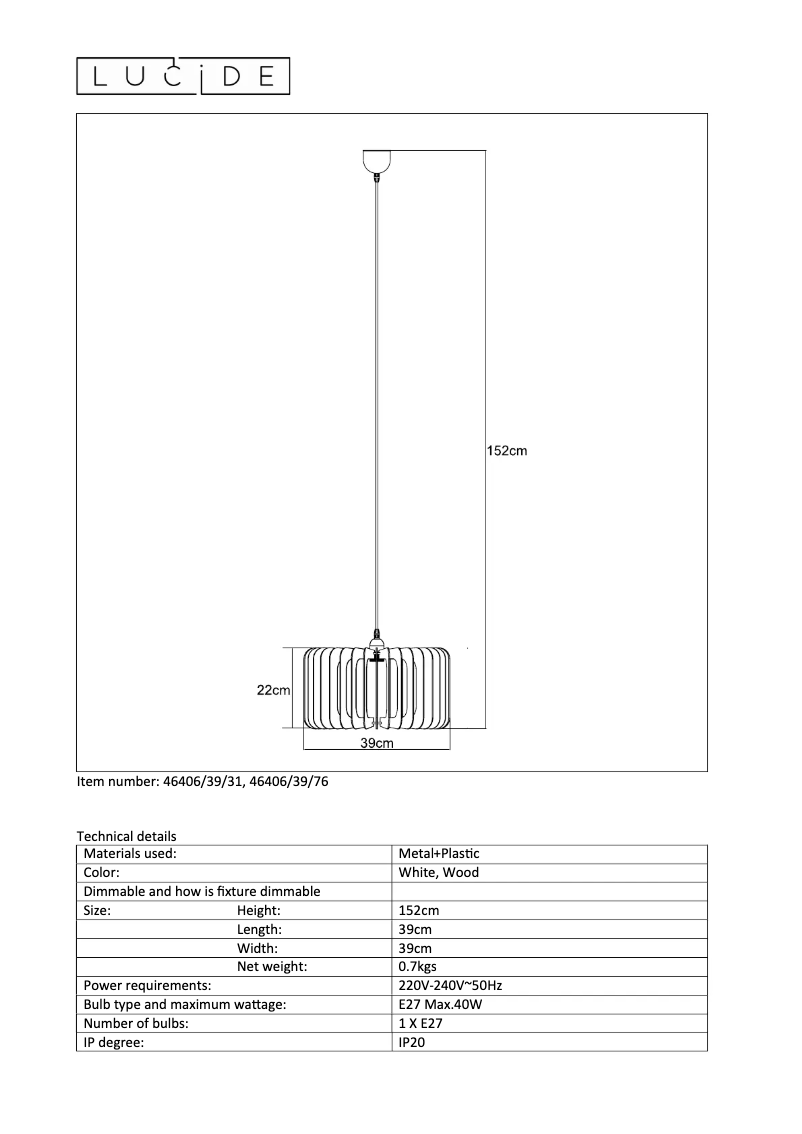 Page 1 de la notice Manuel utilisateur Lucide Etta 46406/39/31