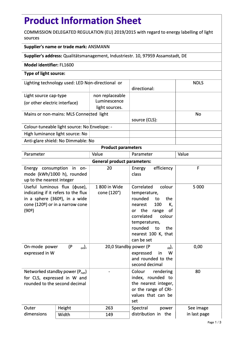 Page 1 de la notice Fiche technique Ansmann FL1600AC