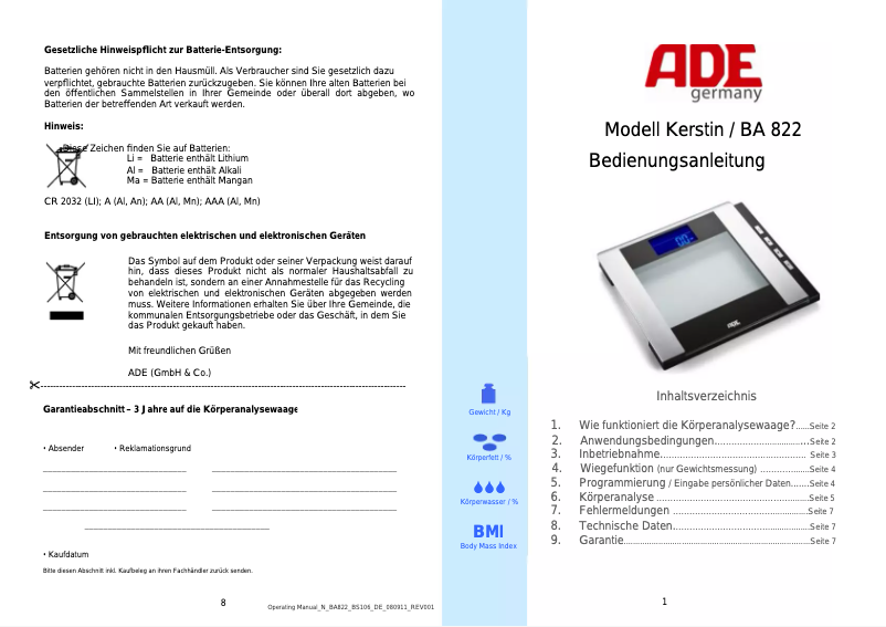 Page 1 de la notice Manuel utilisateur ADE Kerstin BA 822