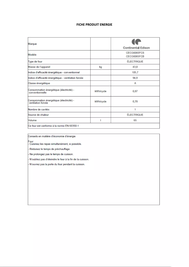 Page 1 de la notice Label énergétique Continental Edison CECG6065FCB