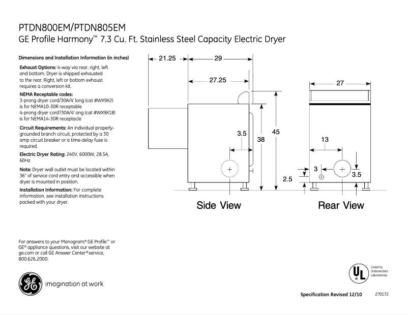 Page n°1 - Fiche technique GE Profile Harmony PTDN805EMMS