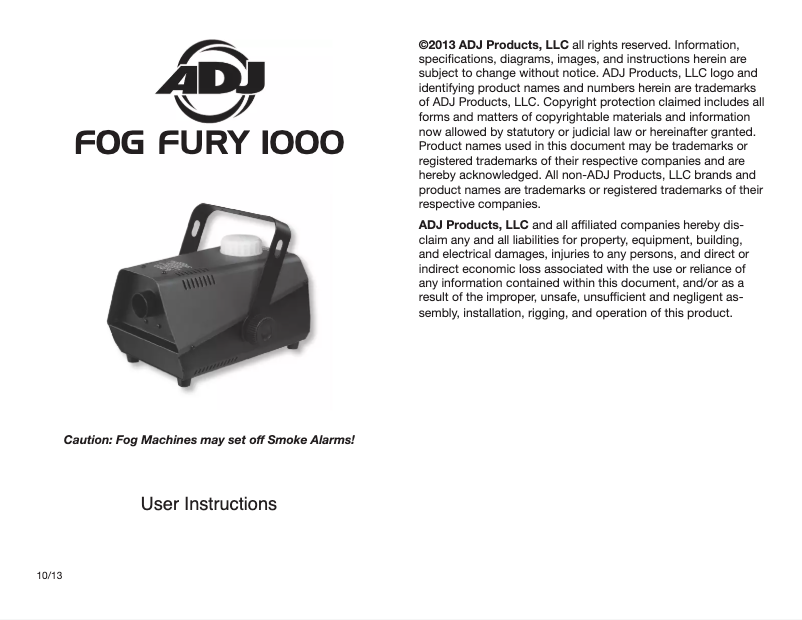 Page 1 de la notice Manuel utilisateur American DJ Fog Fury 1000