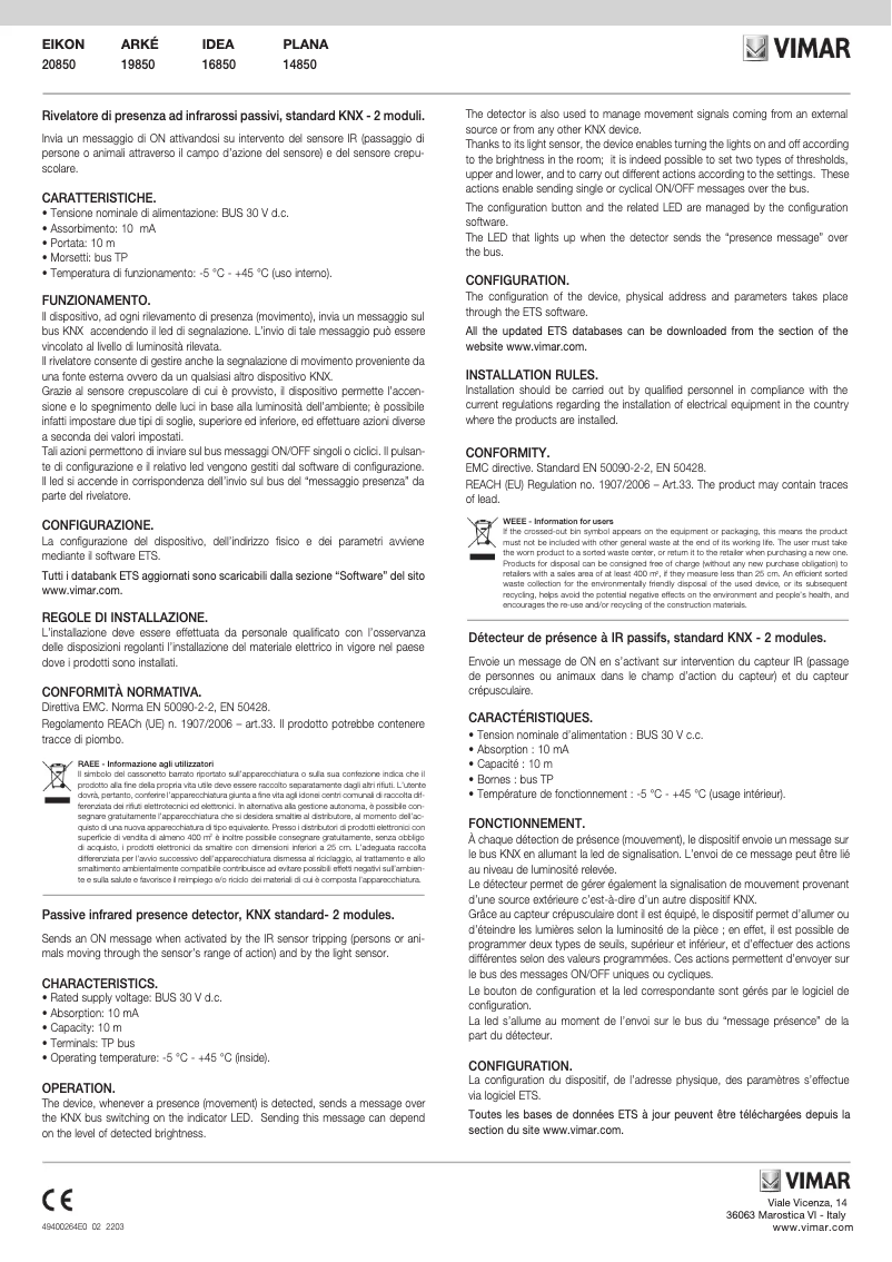 Page 1 de la notice Instructions / montage Vimar 20850.N