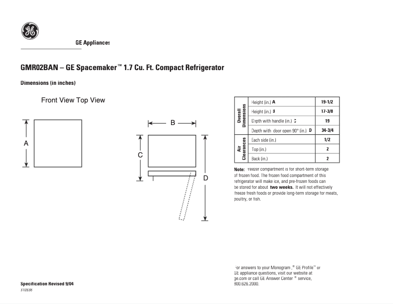 Page 1 of the manual Technical Sheet GE GMR02BANBB