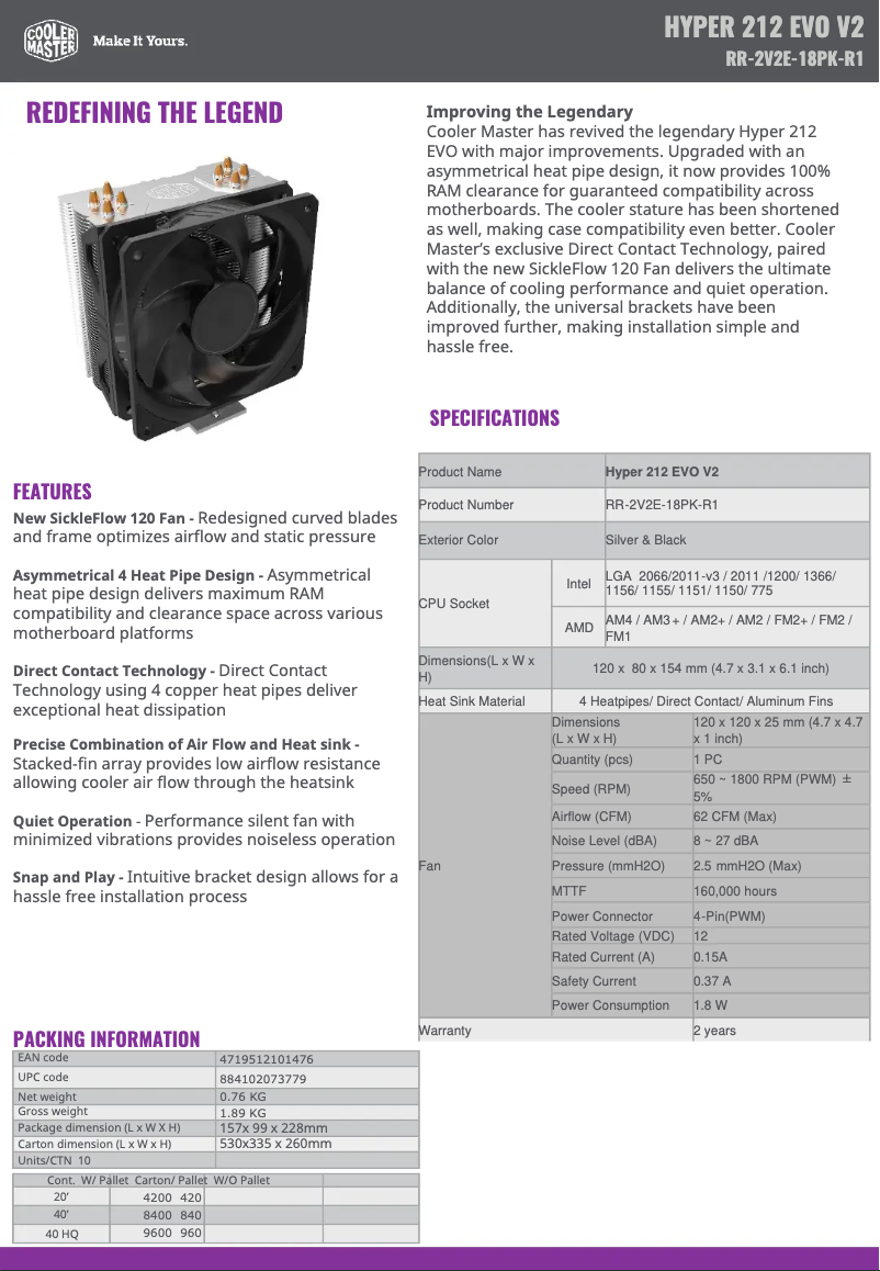 Page 1 de la notice Fiche technique Cooler Master Hyper 212 Evo V2