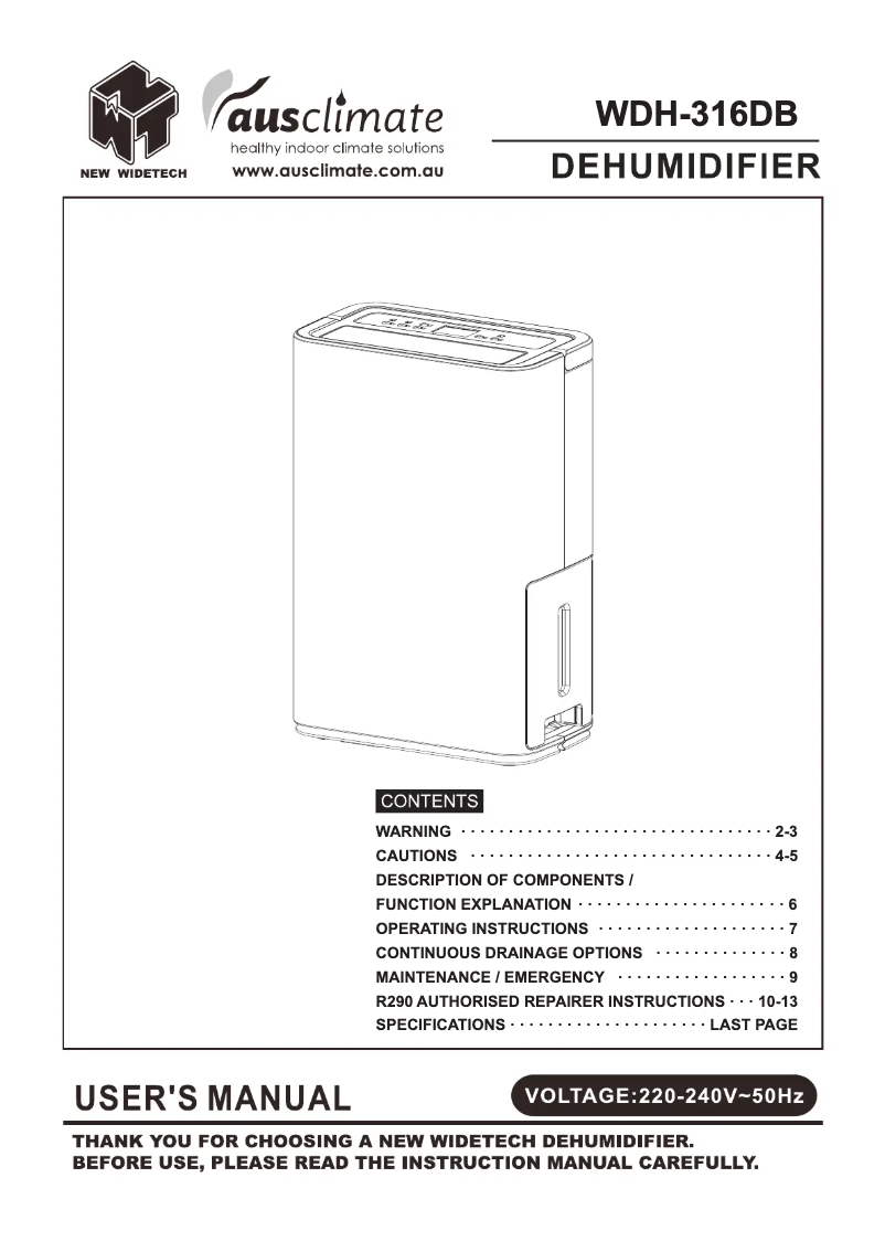 Page 1 de la notice Manuel utilisateur Ausclimate WDH-316DB