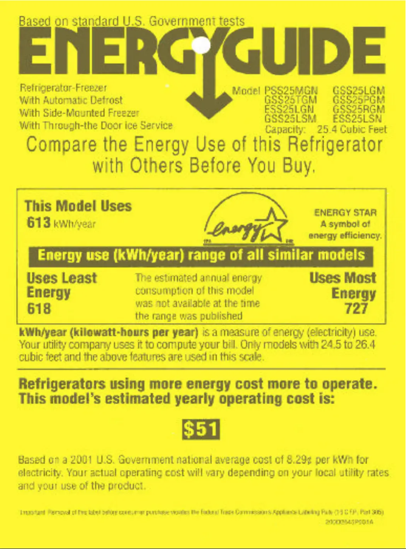 Page 1 de la notice Label énergétique GE GSS25PGMWW