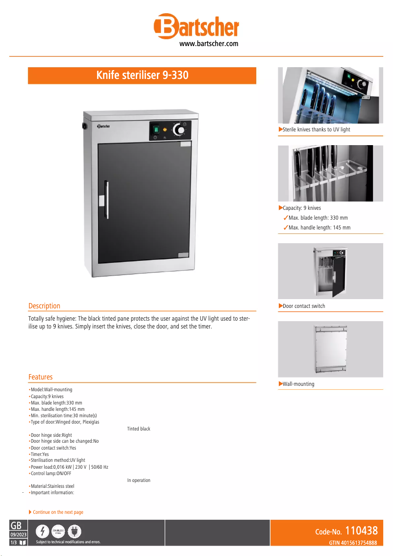 Page n°1 - Fiche technique Bartscher 9-330