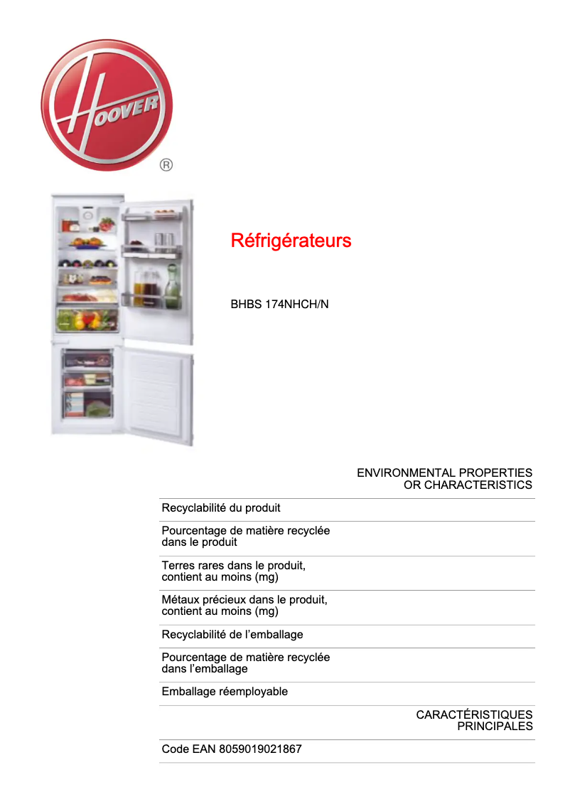 Page n°1 - Fiche technique Hoover BHBS 174NHCH
