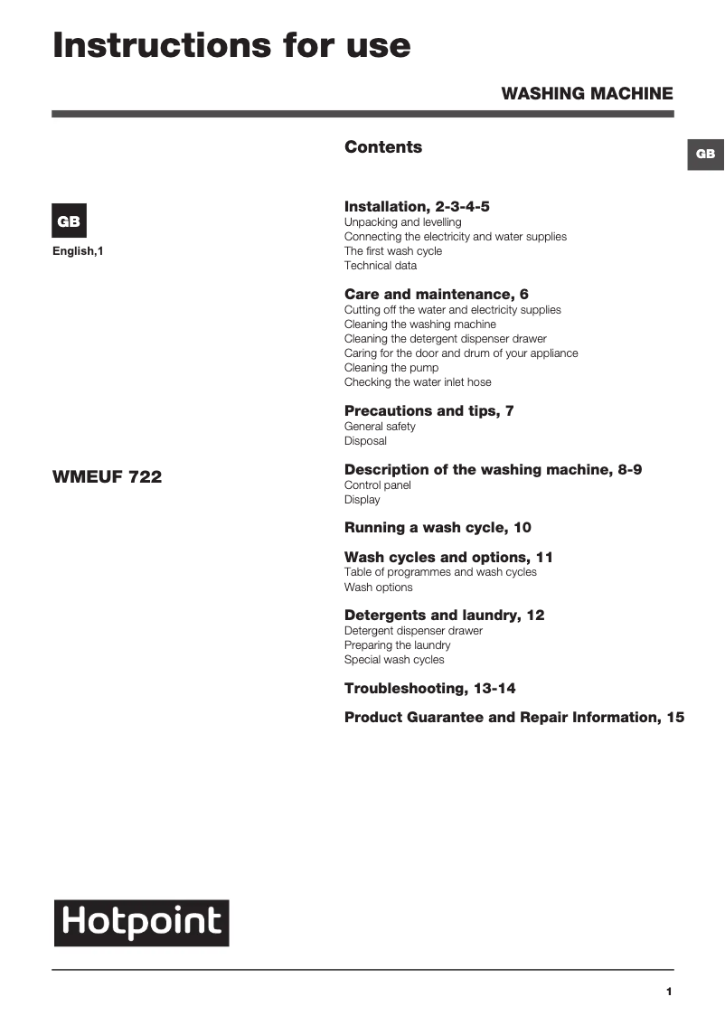 Page 1 de la notice Manuel utilisateur Hotpoint WMEUF 722P UK