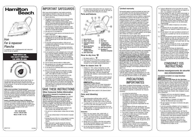 Page n°1 - Manuel utilisateur Hamilton Beach Durathon 19802