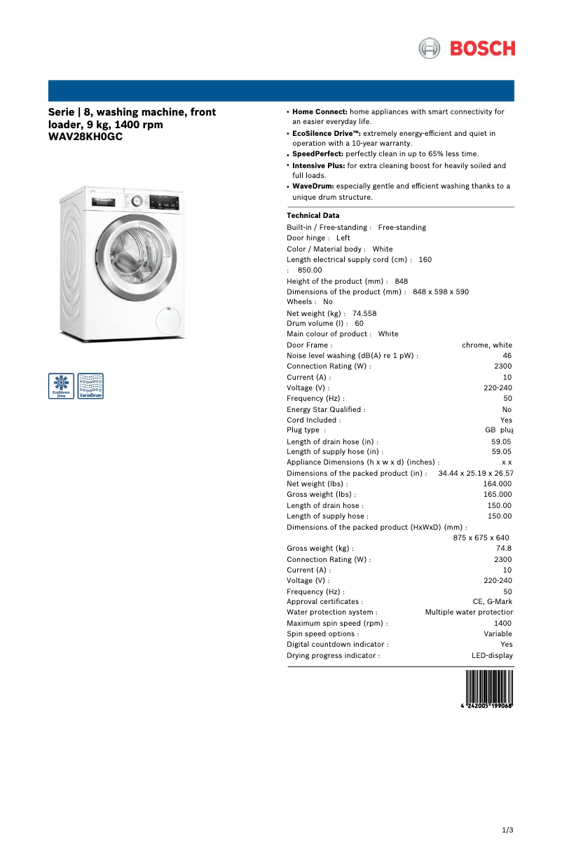 Page 1 de la notice Fiche technique Bosch WAV28KH0GC