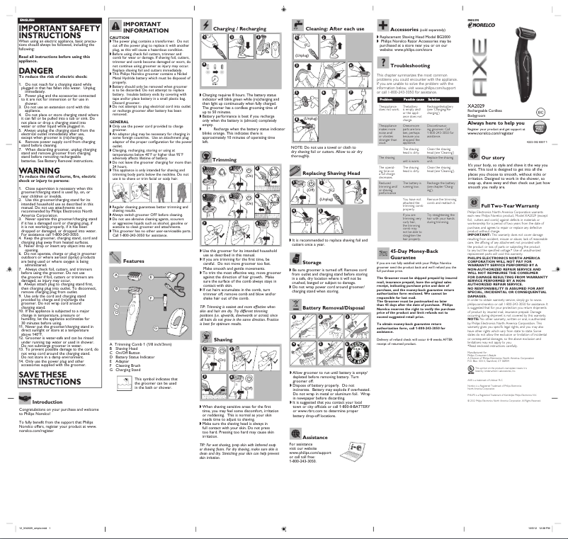 Image de la première page du manuel de l'appareil Norelco XA2029