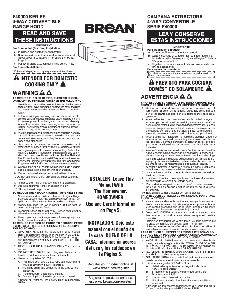 Page n°1 - Guide d'installation Broan F403008