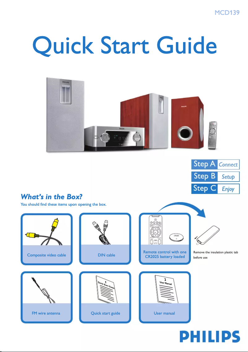 Page 1 of the manual Quick Start Guide Philips MCD139 DVD Micro Theater