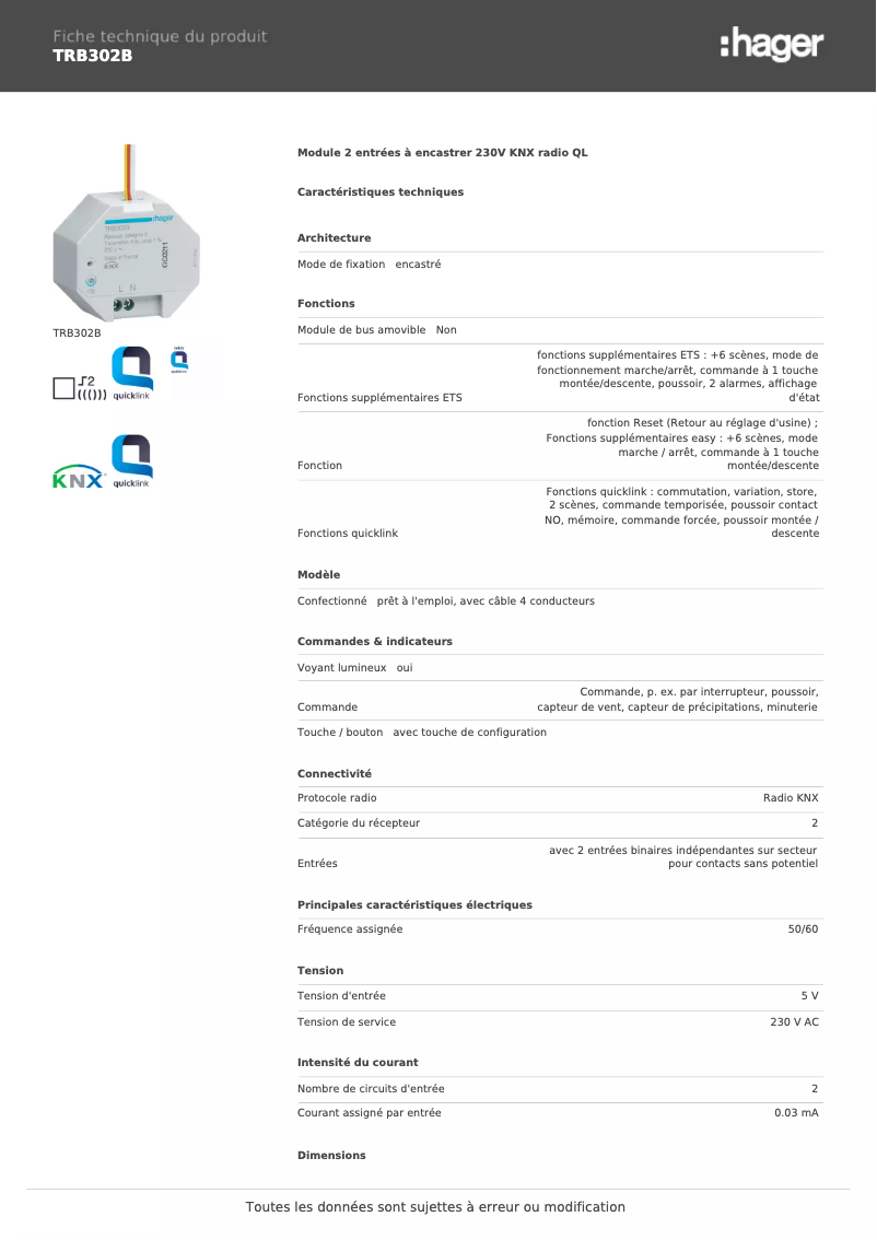 Image de la première page du manuel de l'appareil TRB302B
