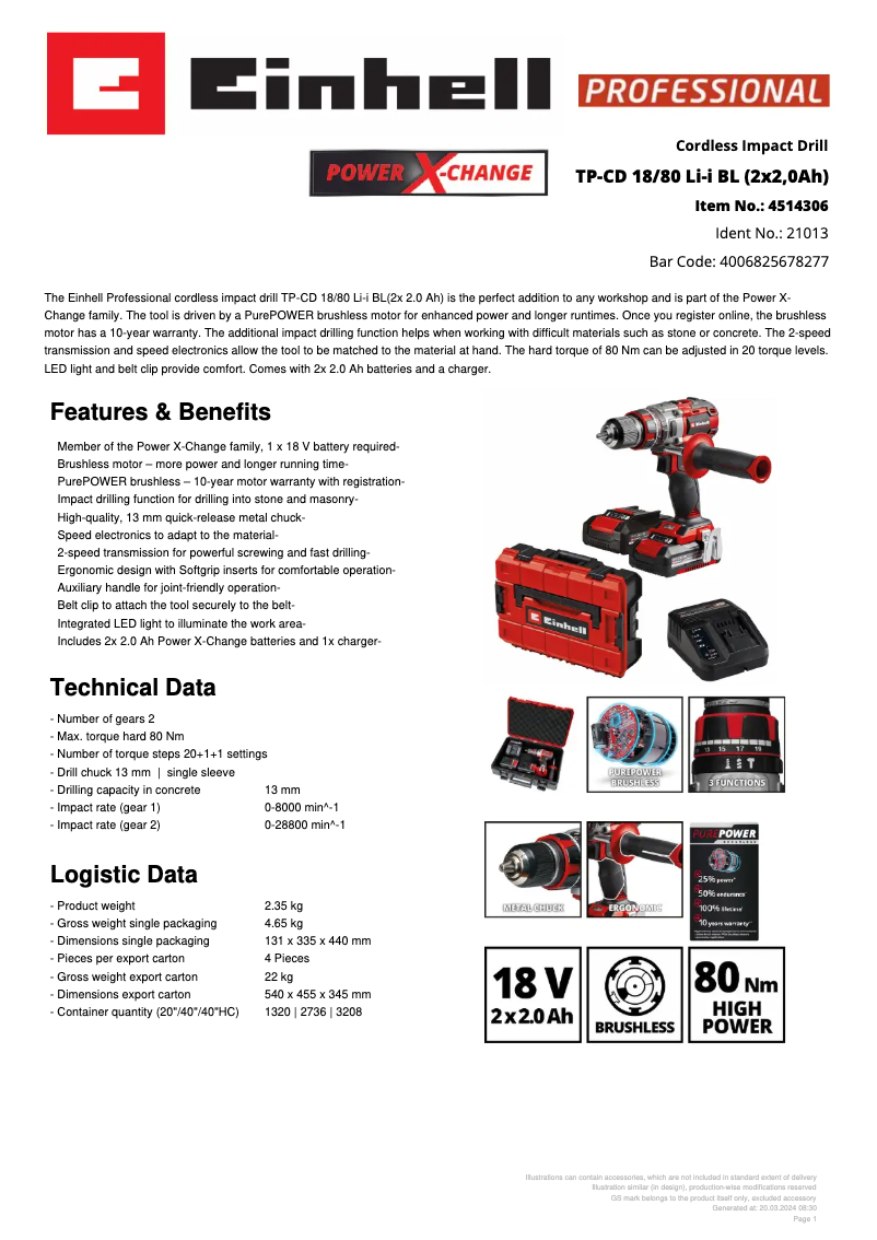 Page 1 de la notice Fiche technique Einhell TP-CD 18/80 Li-i BL