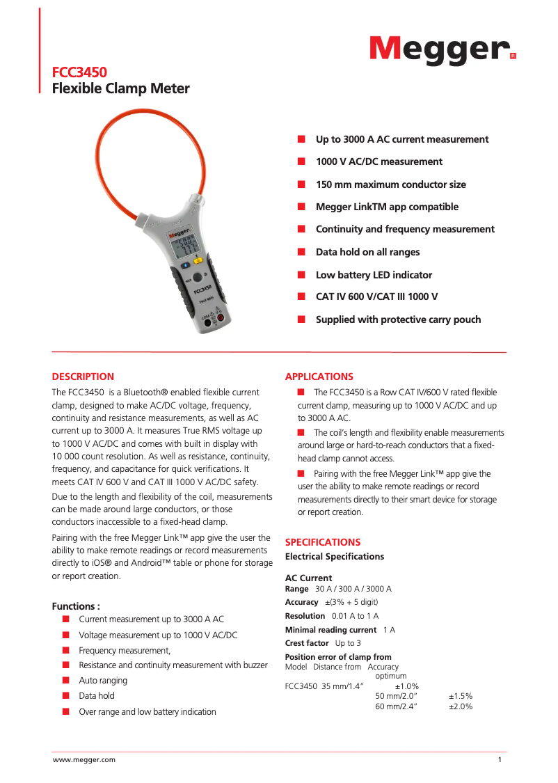Page 1 de la notice Fiche technique Megger FCC3450