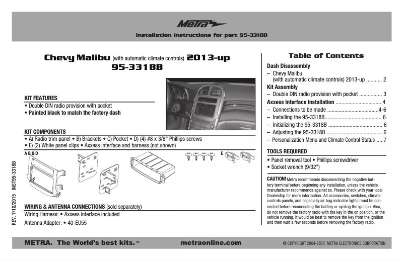 Page n°1 - Manuel utilisateur Metra 95-3318B