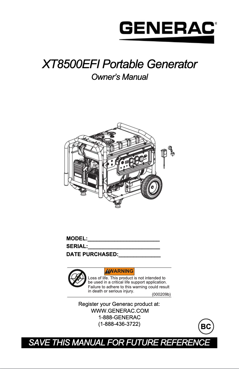 Page n°1 - Manuel utilisateur Generac XT8500EFI