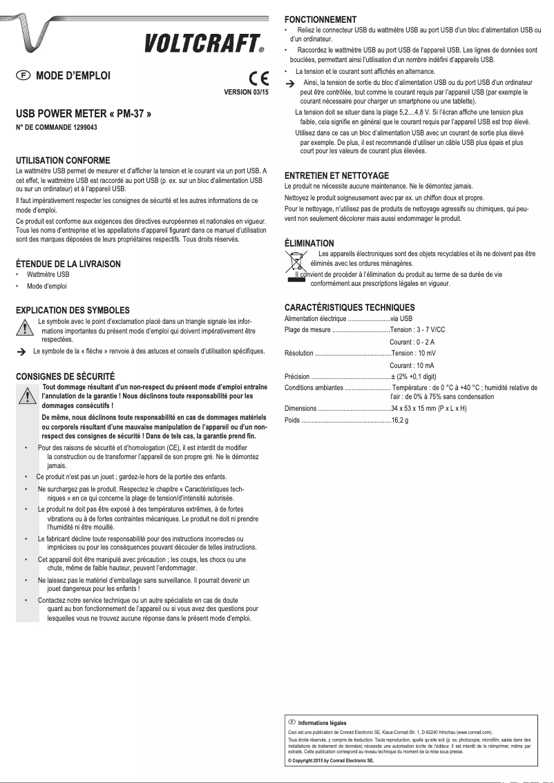 Page 1 de la notice Manuel utilisateur Voltcraft PM-37