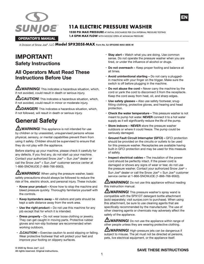 Page 1 de la notice Manuel utilisateur Sun Joe SPX205E-MAX