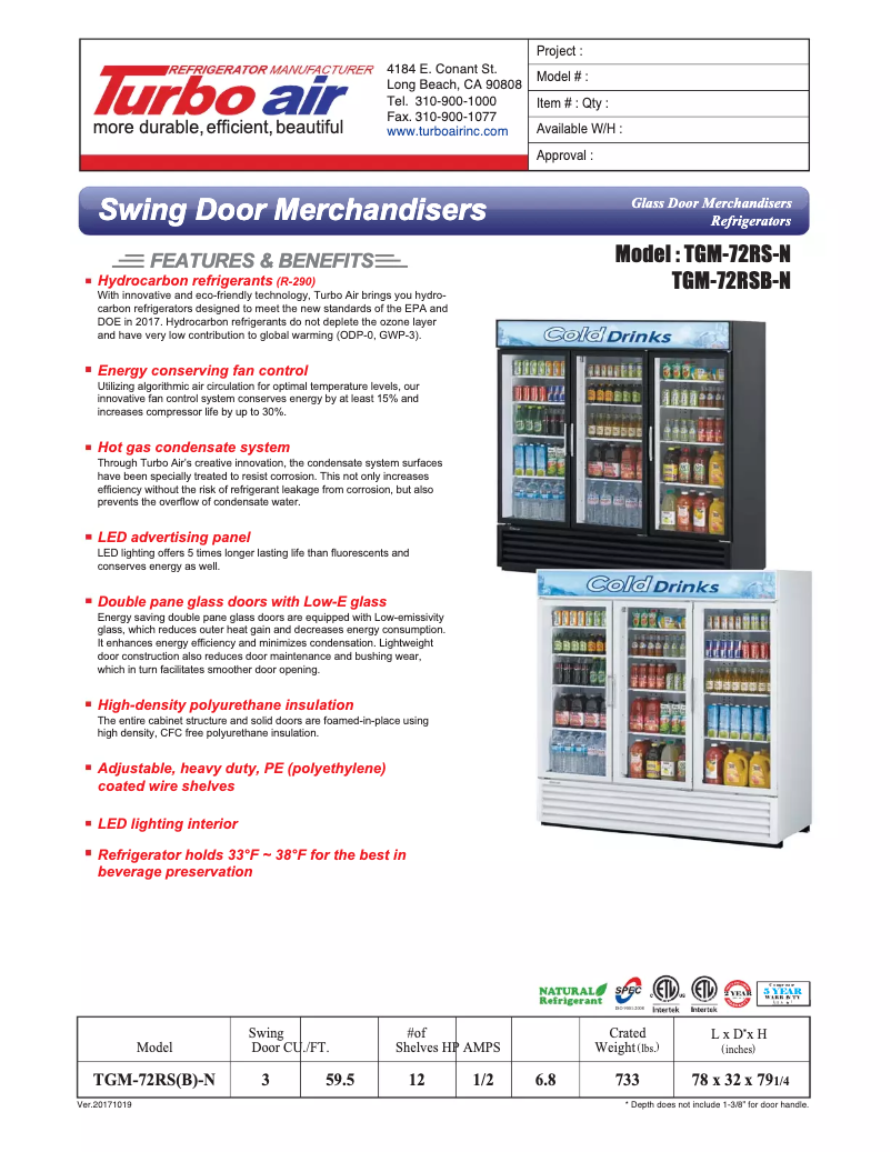 Page 1 de la notice Fiche technique Turbo air TGM-72RS