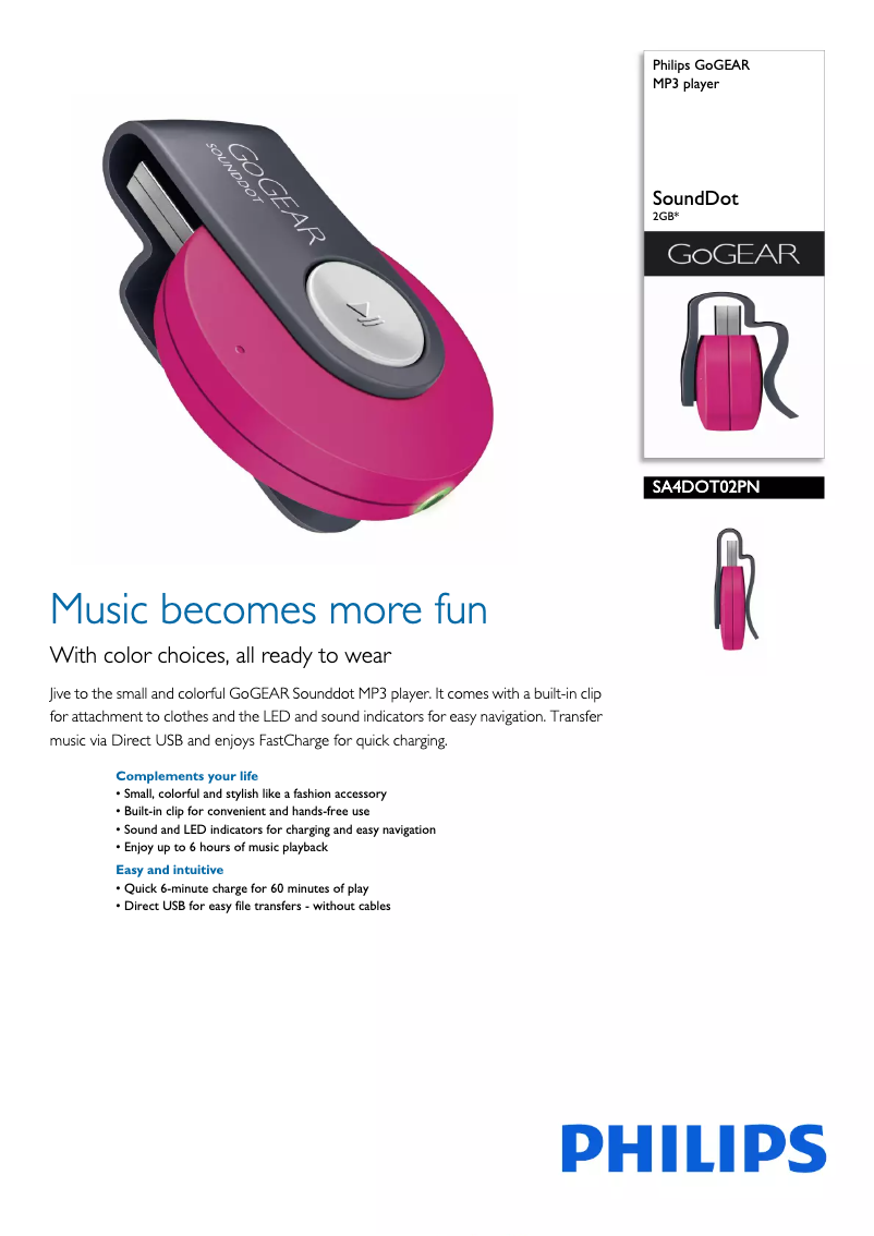 Page 1 de la notice Brochure Philips GoGear SA4DOT02