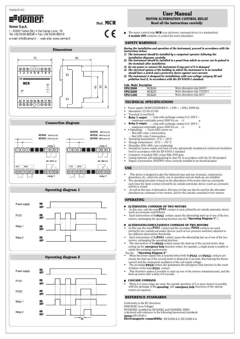 Page n°1 - Manuel utilisateur Vemer MCR400