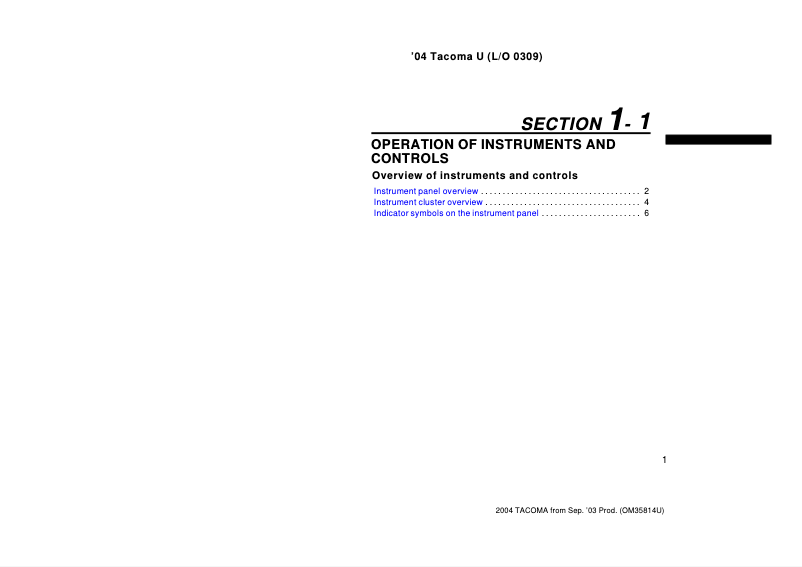 Page 1 de la notice Manuel utilisateur Toyota Tacoma (2004)