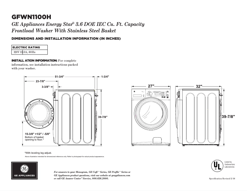 Page 1 de la notice Fiche technique GE GFWN1100HWW