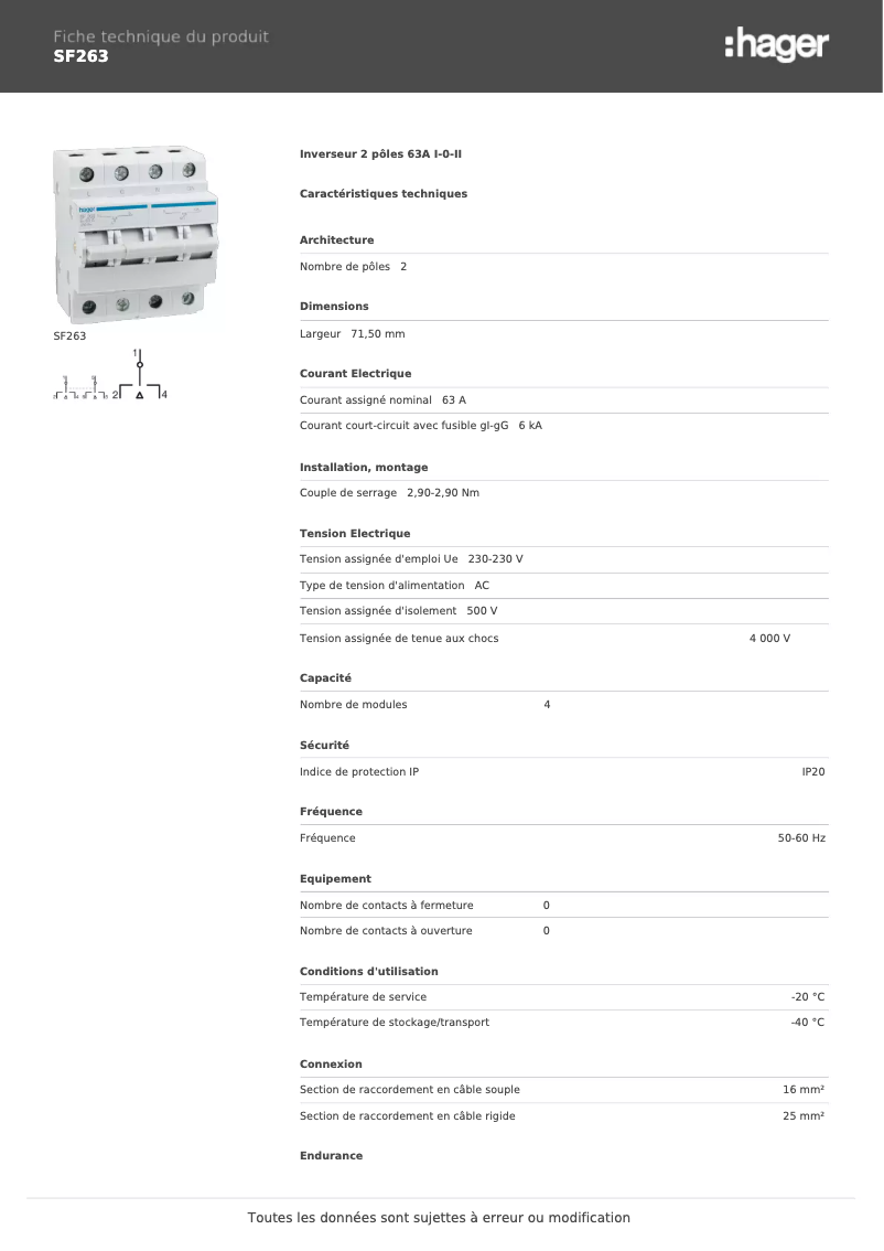 Page n°1 - Fiche technique Hager SF263