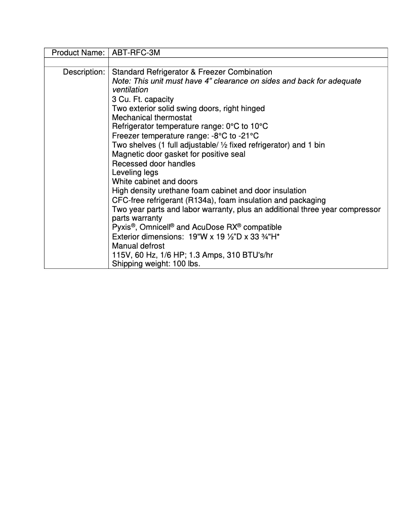 Page 1 de la notice Fiche technique American BioTech Supply ABT-RFC-3M