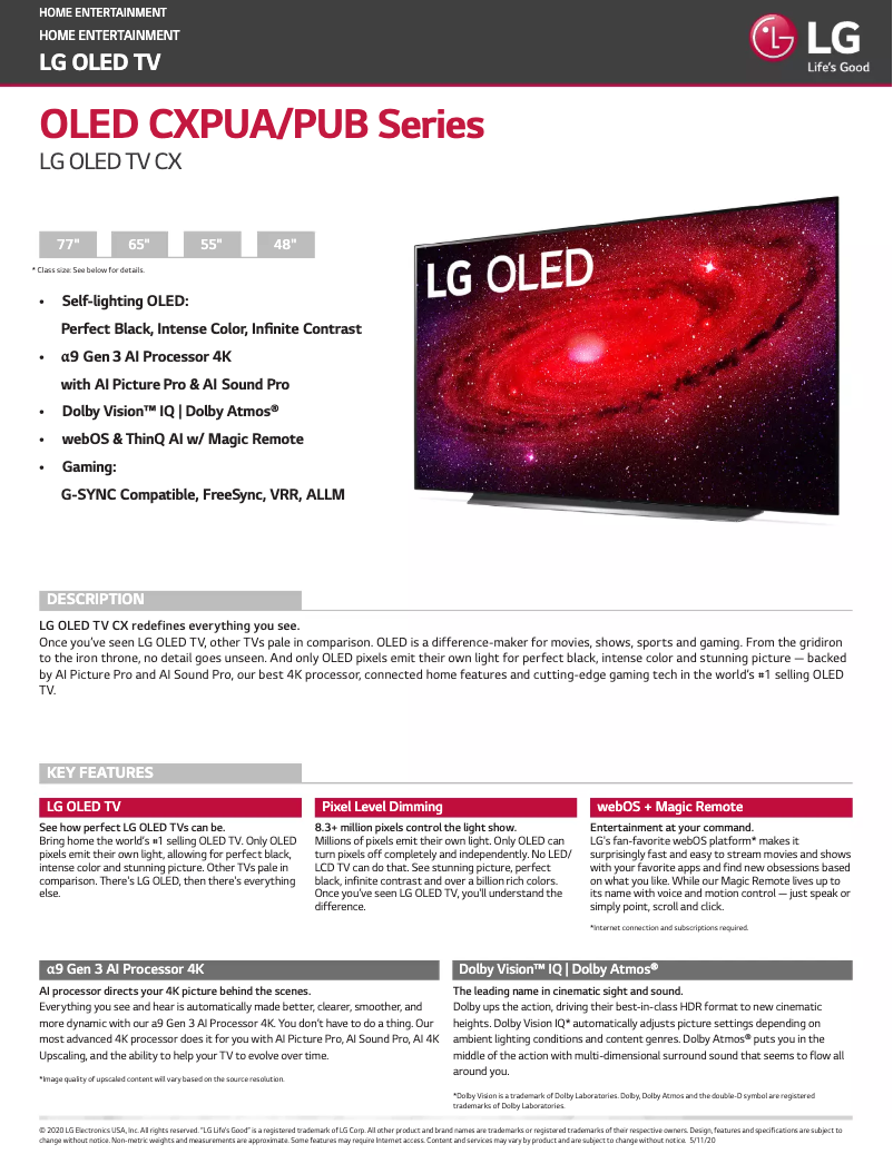 Page 1 de la notice Fiche technique LG OLED65CXPUA