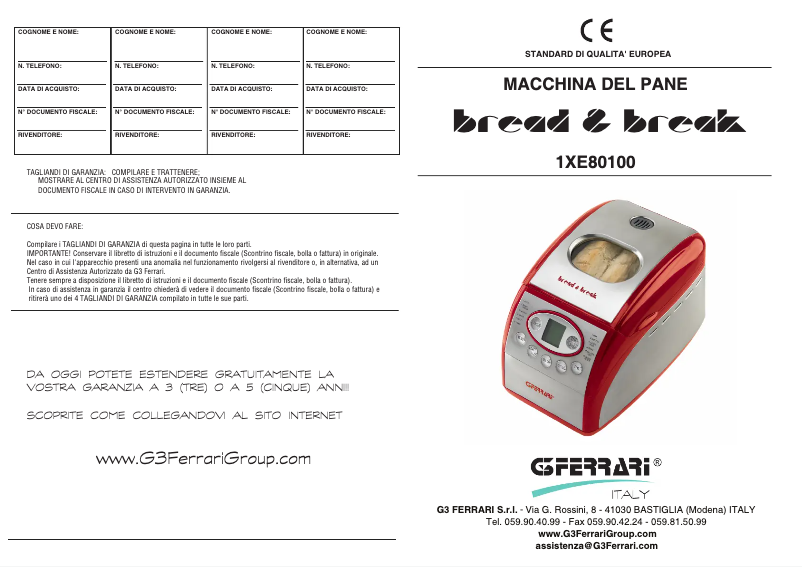 Page 1 de la notice Manuel utilisateur G3 Ferrari Bread & Break